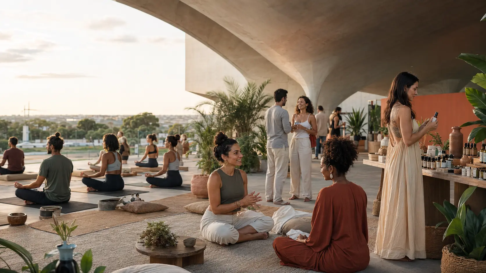Grupo participando de uma experiência de yoga e bem-estar em espaço com luz natural